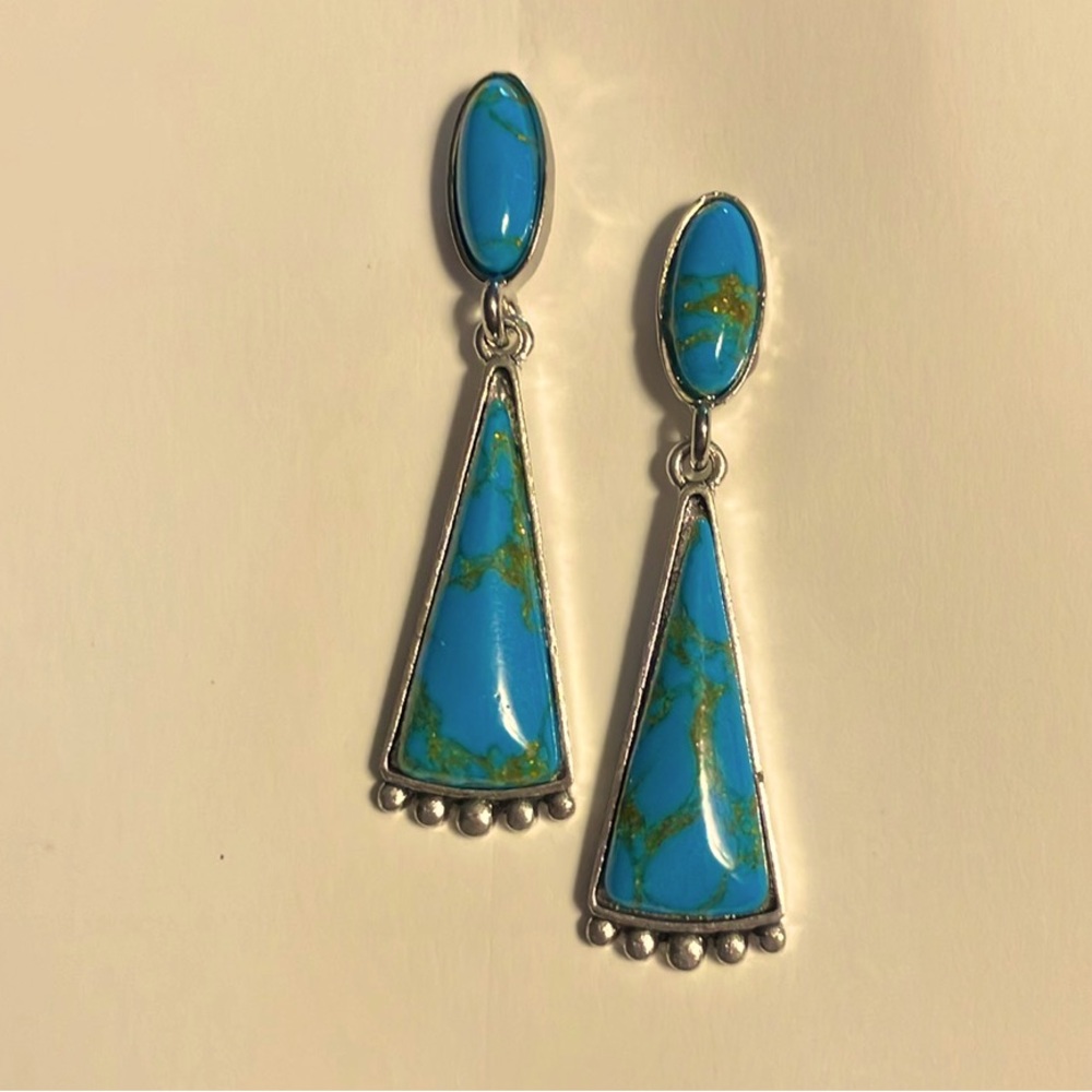 NWT Turquoise Blue Boho Earrings Antique Silver Long Dangle Earrings 2”